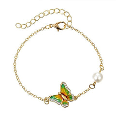 Fashion Link Bracelet with Oil Painted Butterfly Charm Bangles Imitation Pearl Wedding Bridal Bracelets Birthday Jewelry Gift
